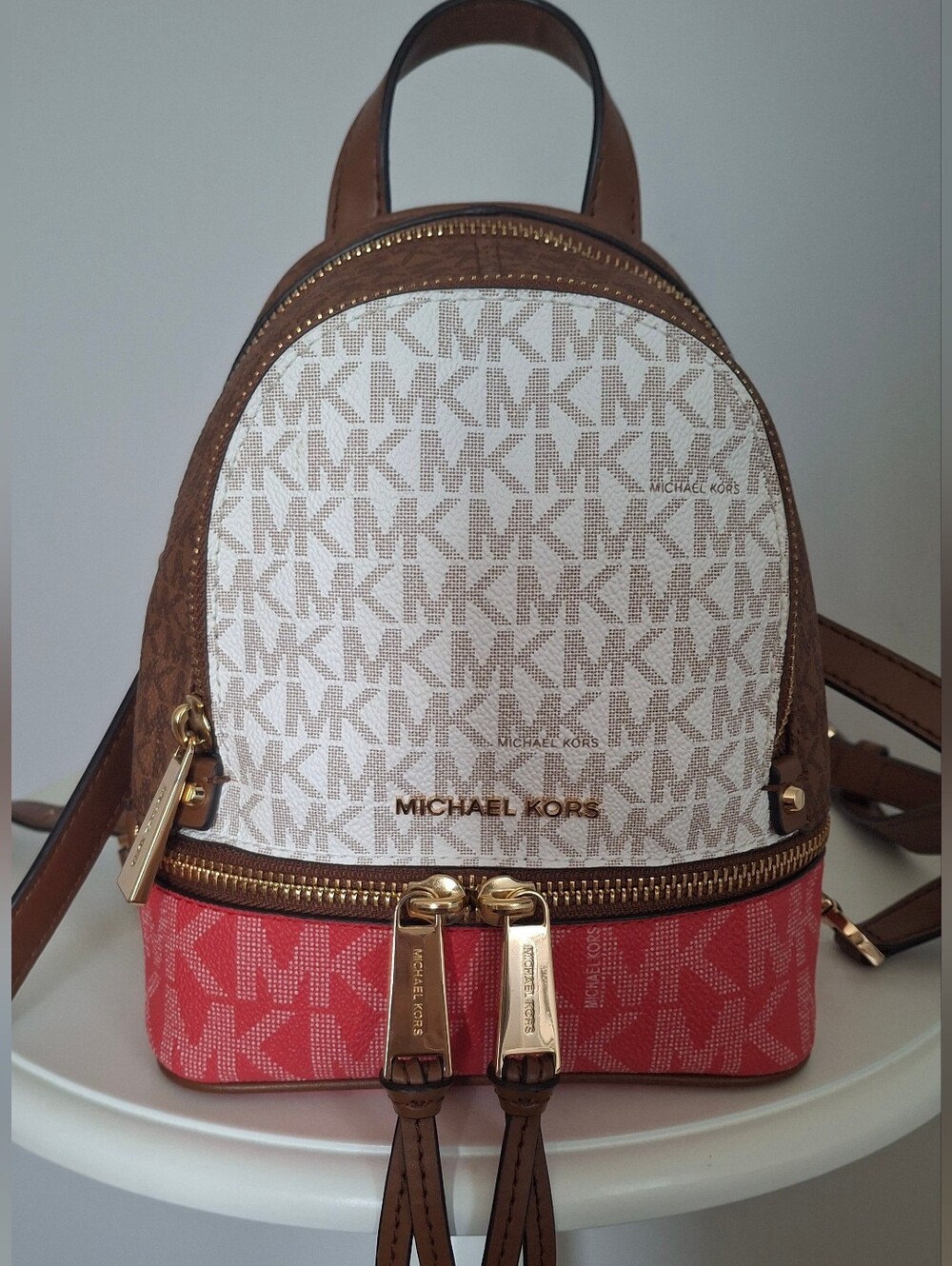 Authentic Michael Kors Rhea Mini Backpack - Rare Colorblock Vanilla/Brown/Coral